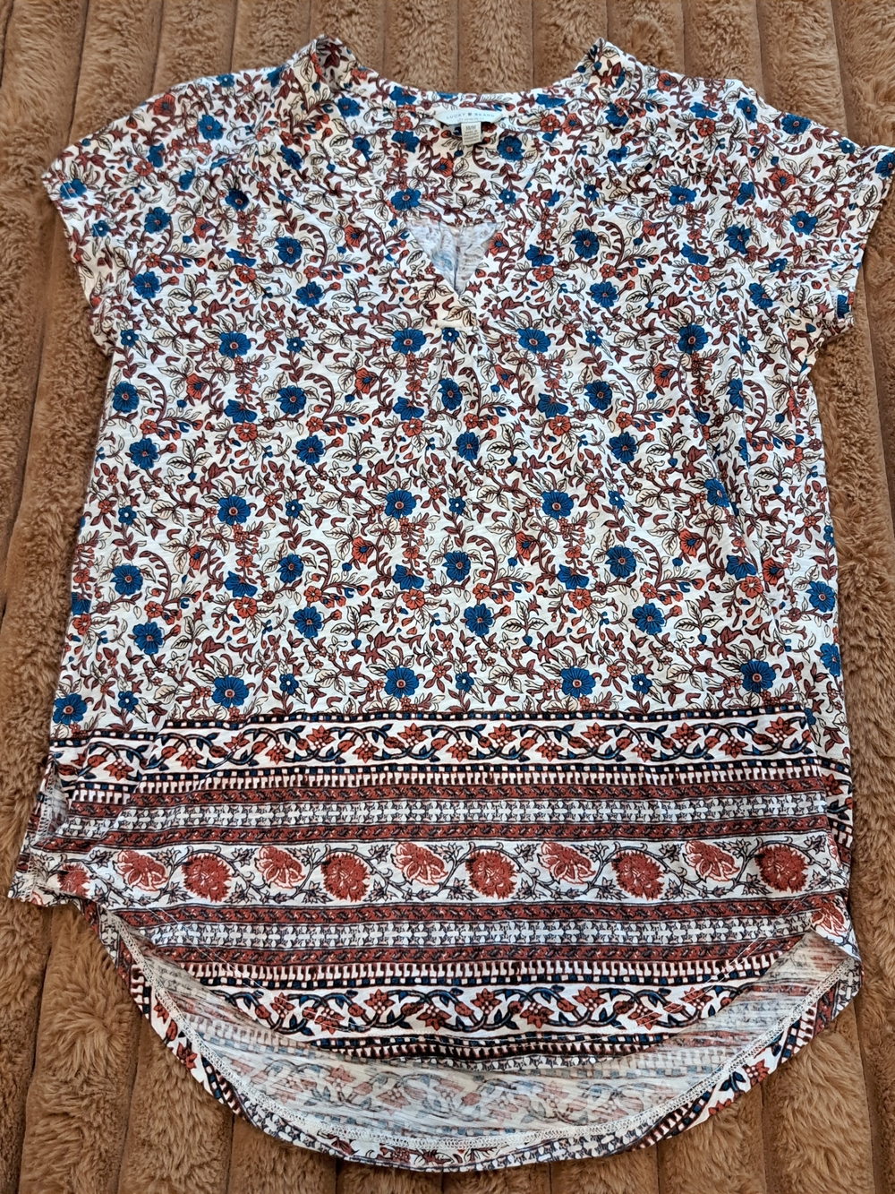 Lucky Brand Ladies Top Sz Medium  Rust White Turquoise Floral Short Sleeves
